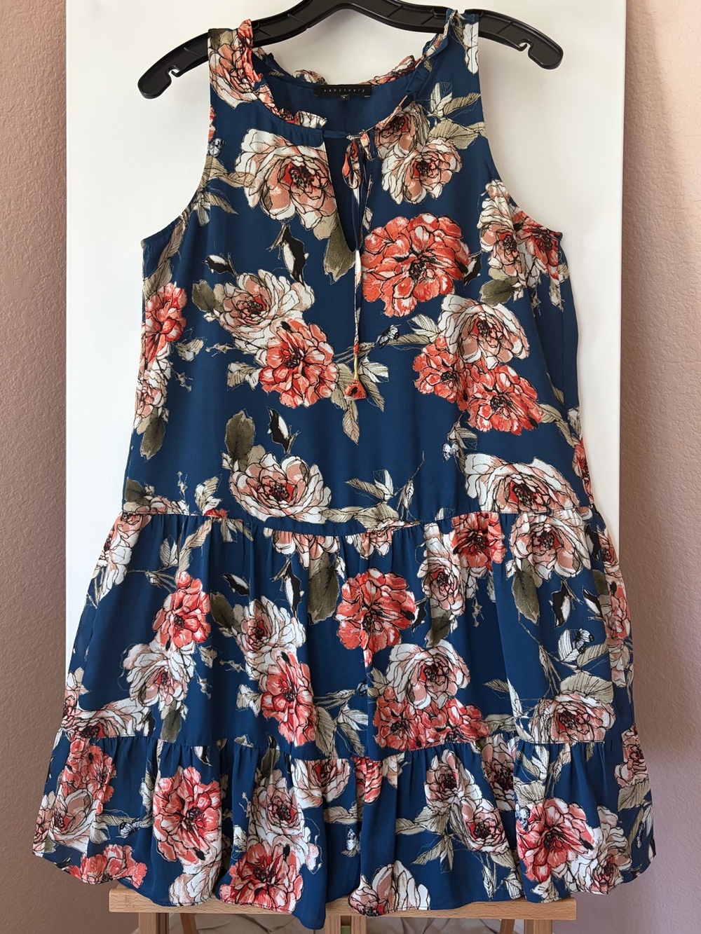 Sanctuary Blue Floral Drop Waist Tiered Chiffon Ruffle Lined Mini Dress Small